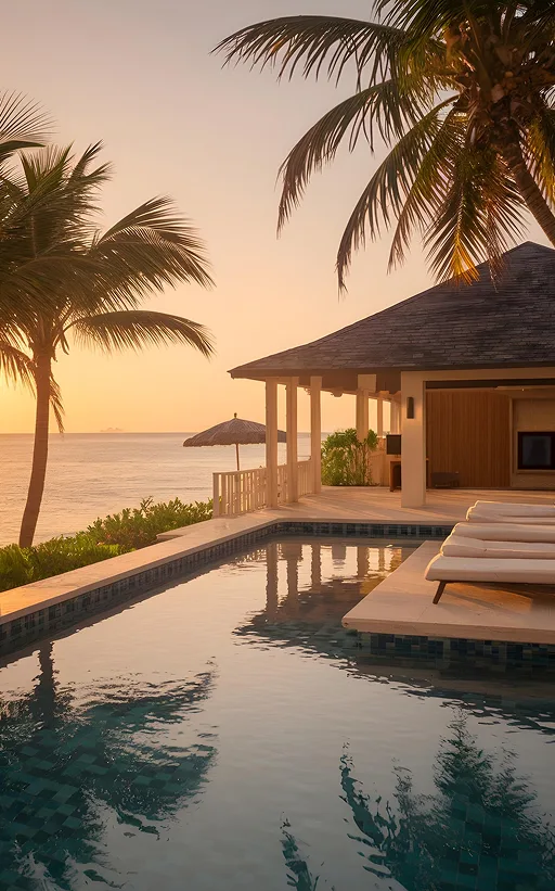 Beachfront villa with pool at sunset on the Costa del Sol
